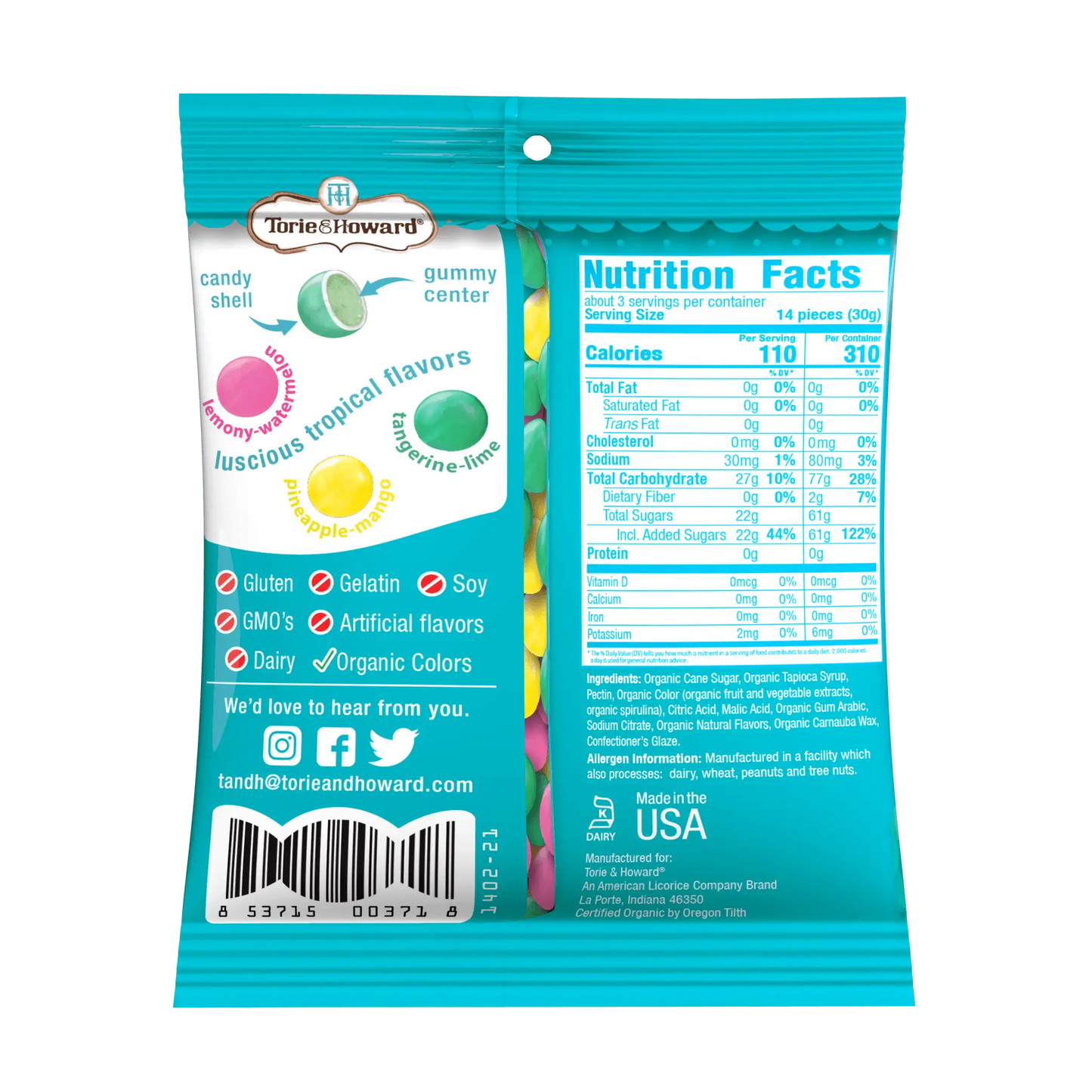Back of Torie & Howard Gummi-Snaps Tropical Flavors candy shelled gummies Bag