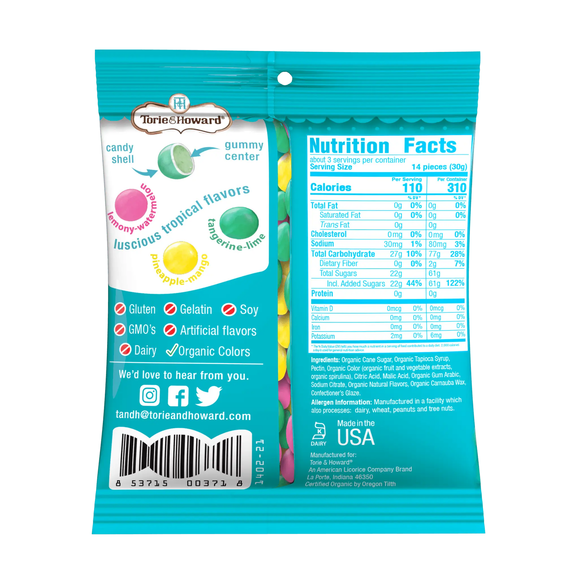 Back of Torie & Howard Gummi-Snaps Tropical Flavors candy shelled gummies Bag
