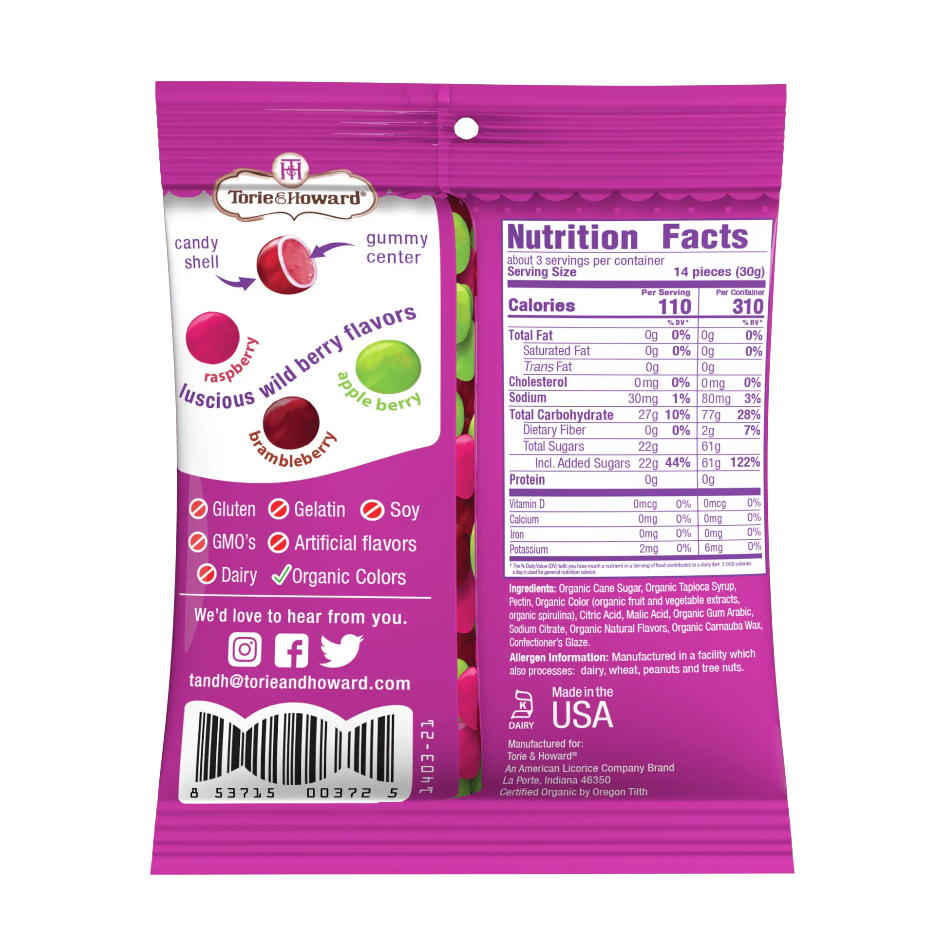 Back of Torie & Howard Gummi-Snaps Wild Berry Flavors candy shelled gummies Bag