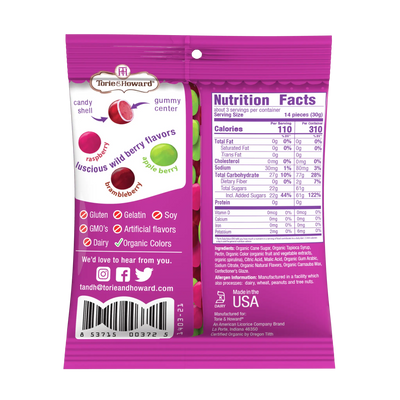 Back of Torie & Howard Gummi-Snaps Wild Berry Flavors candy shelled gummies Bag