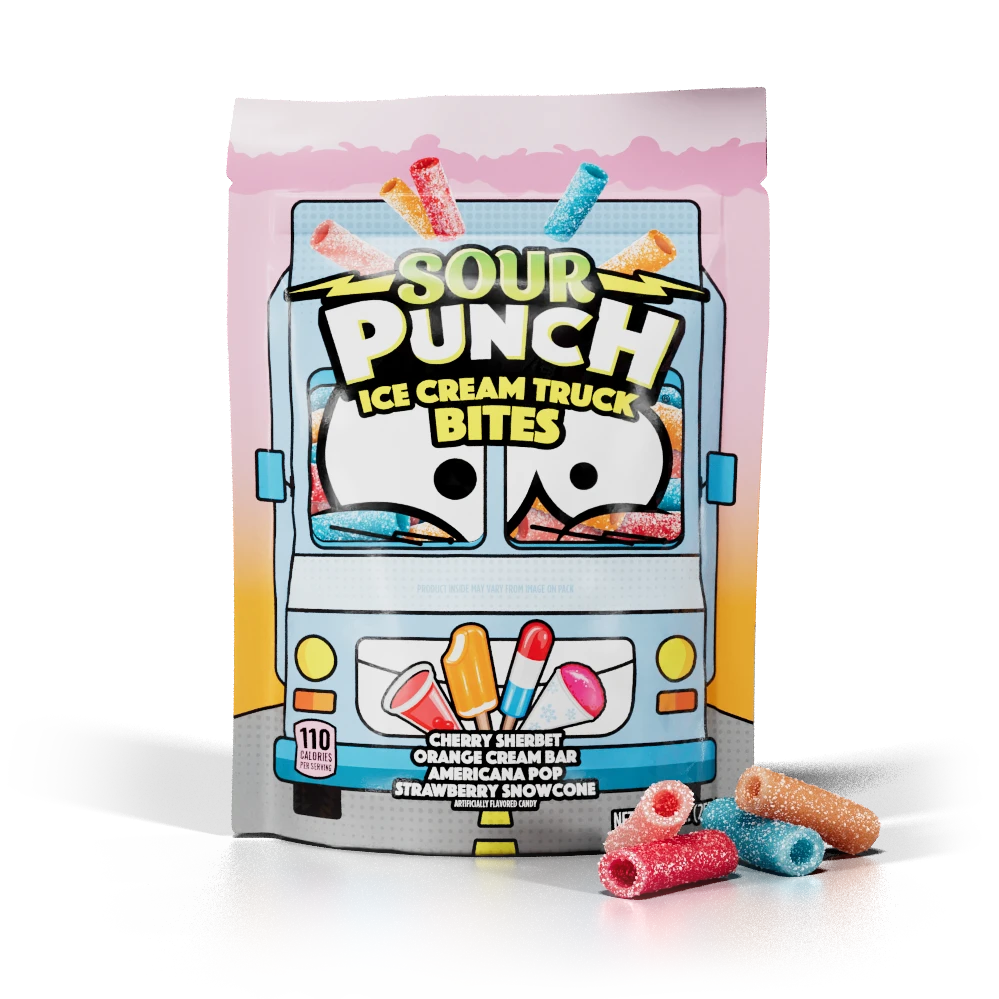 Front of Sour Punch Ice Cream Truck Bites 9oz Bag with candy bites in front