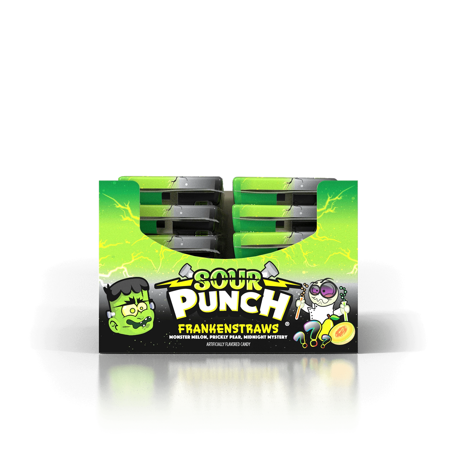 12-pack caddy of Sour Punch Frankenstraws Halloween Candy 3.2oz Trays