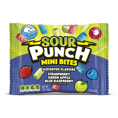Front of Sour Punch Mini Bites Assorted candy 2oz pouch