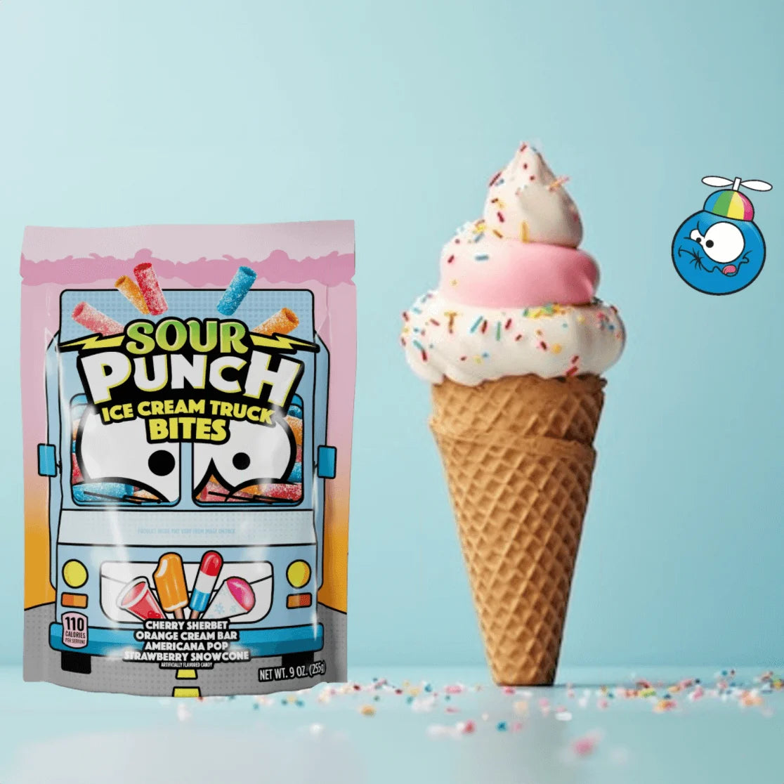 Sour Punch Ice Cream Truck Bites 9oz Bag beside an ice cream cone