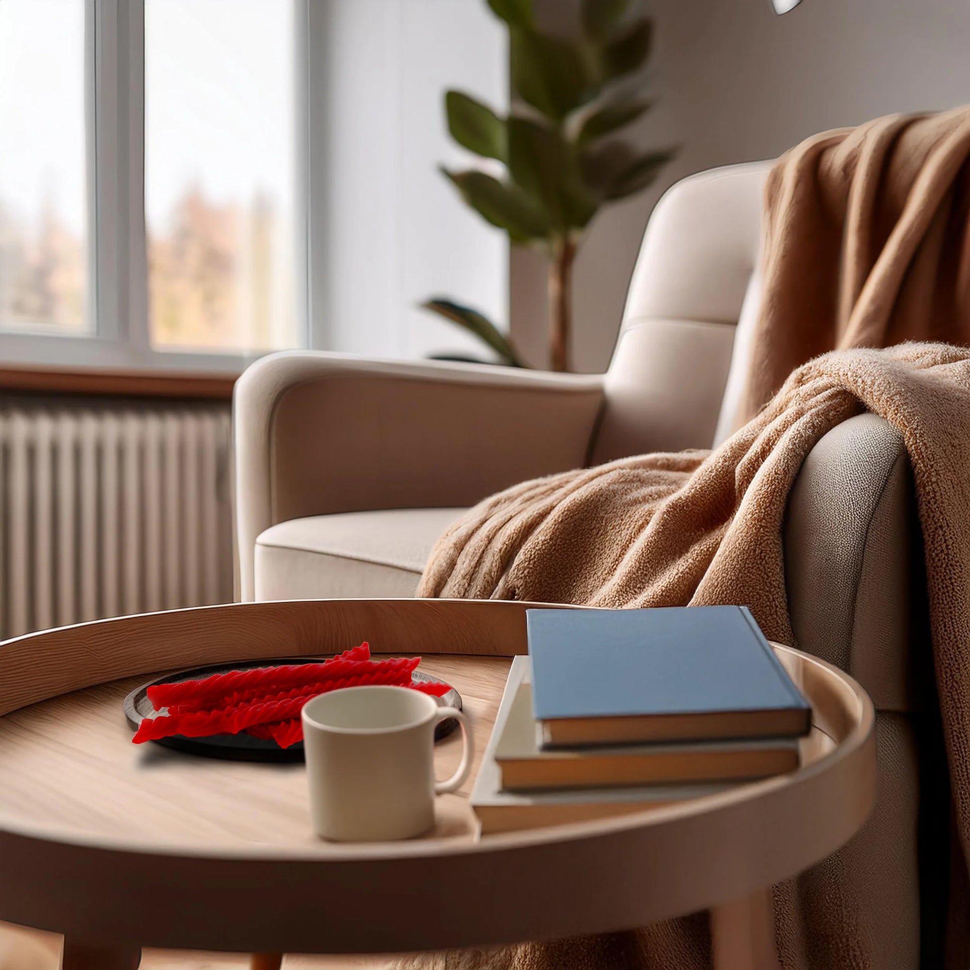Plate of Cinnamon Twists on a side table with books and coffee, and an arm chair with a cozy blanket