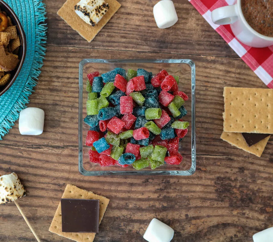 Dish of Sour Punch Assorted Mini candy with s'mores