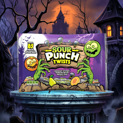 Sour Punch Twists candy package with Halloween-themed design against a spooky castle background