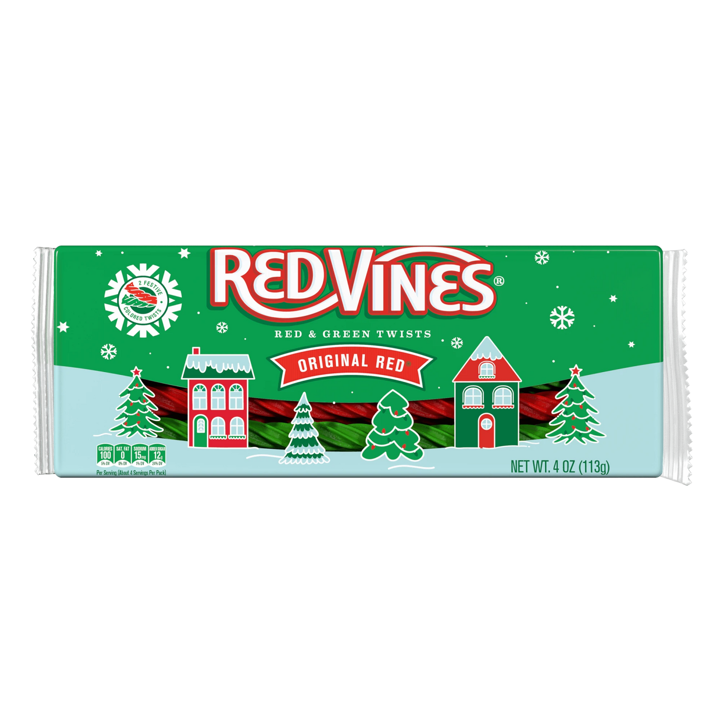 Front of RED VINES Original Red and Green Licorice Twists Christmas Candy 4oz Tray