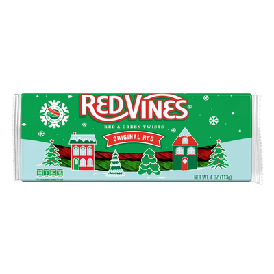 Front of RED VINES Original Red and Green Licorice Twists Christmas Candy 4oz Tray