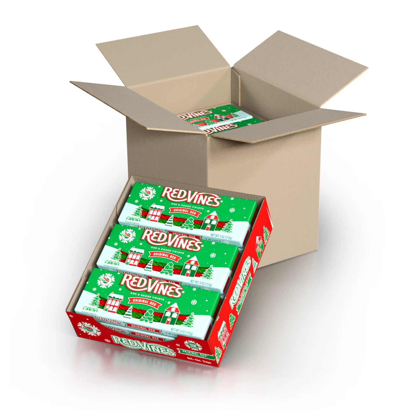 36-Pack (4 caddies, 9 trays per caddy) of Red Vines Original Red and Green Licorice Twists Christmas Candy 4oz Trays