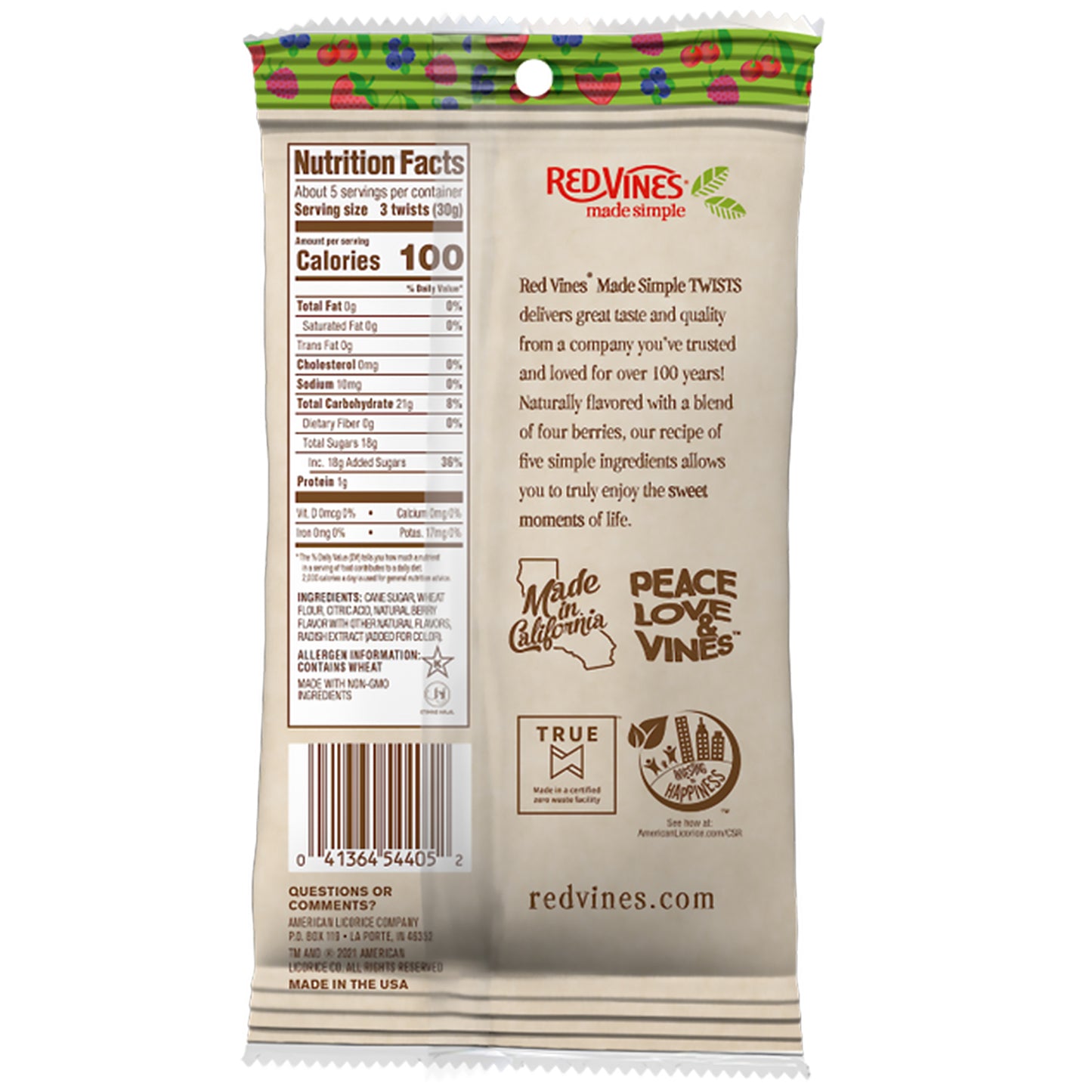 RED VINES Made Simple Mixed Berry Twists, back of 5oz bag