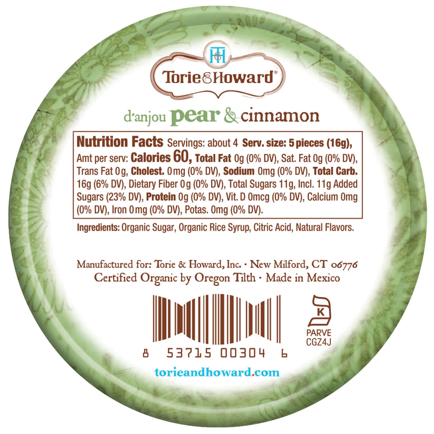 Torie & Howard D'Anjou Pear & Cinnamon Organic Hard Candy, Back of 2oz Tin