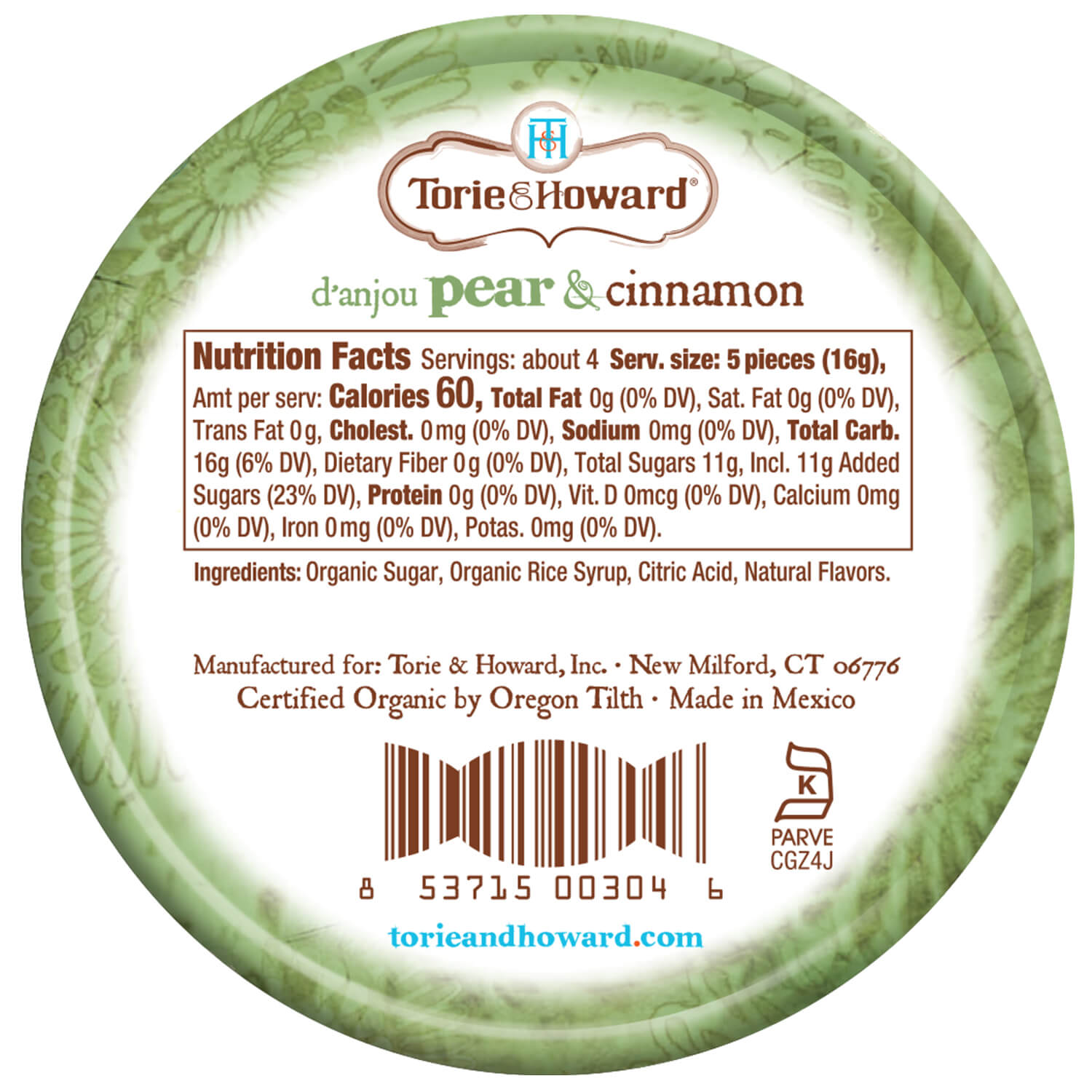 Torie & Howard D'Anjou Pear & Cinnamon Organic Hard Candy, Back of 2oz Tin