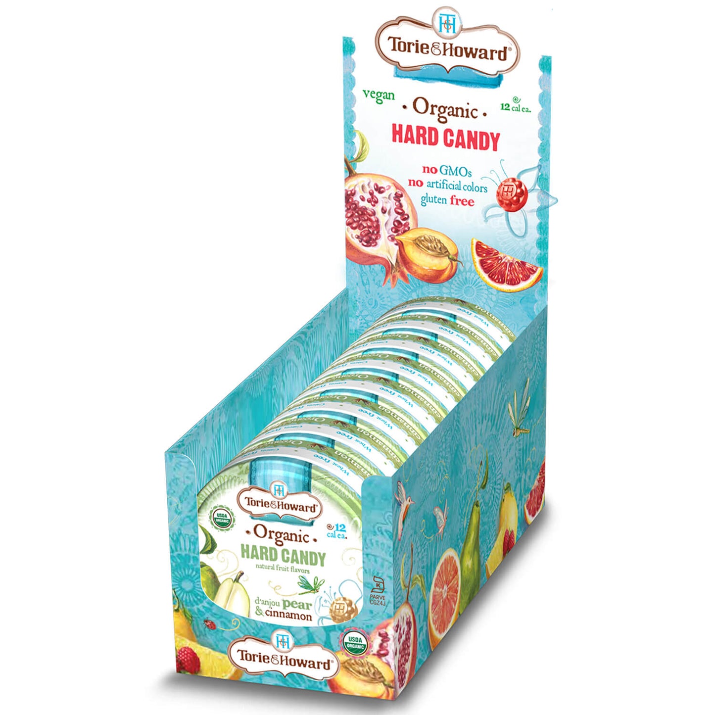 8 count caddy of Torie & Howard D'Anjou Pear & Cinnamon Organic Hard Candy 2oz Tins