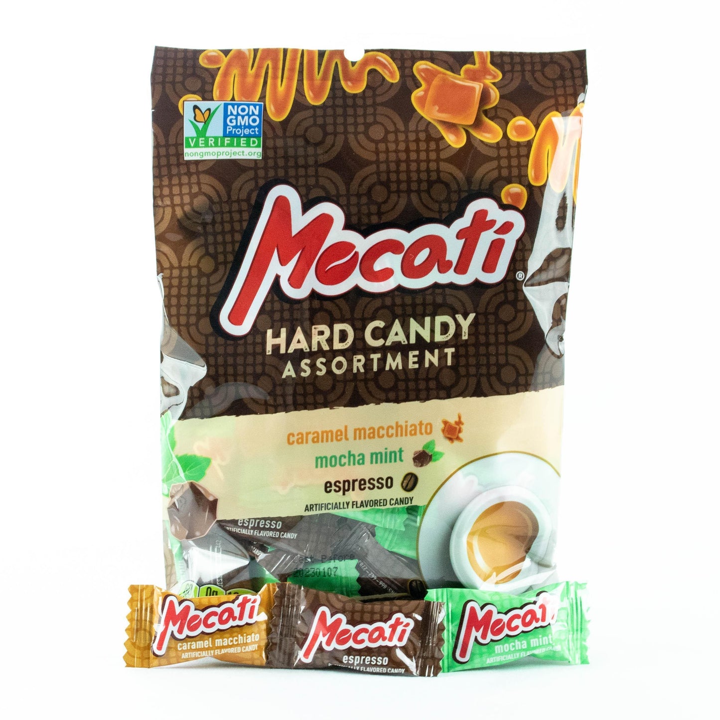 Aprati Mocati Coffee Flavored Hard Candy 4.5oz bag with candy pieces in front Aprati Mocati Coffee Flavored Hard Candy 4.5oz bag with candy pieces in front