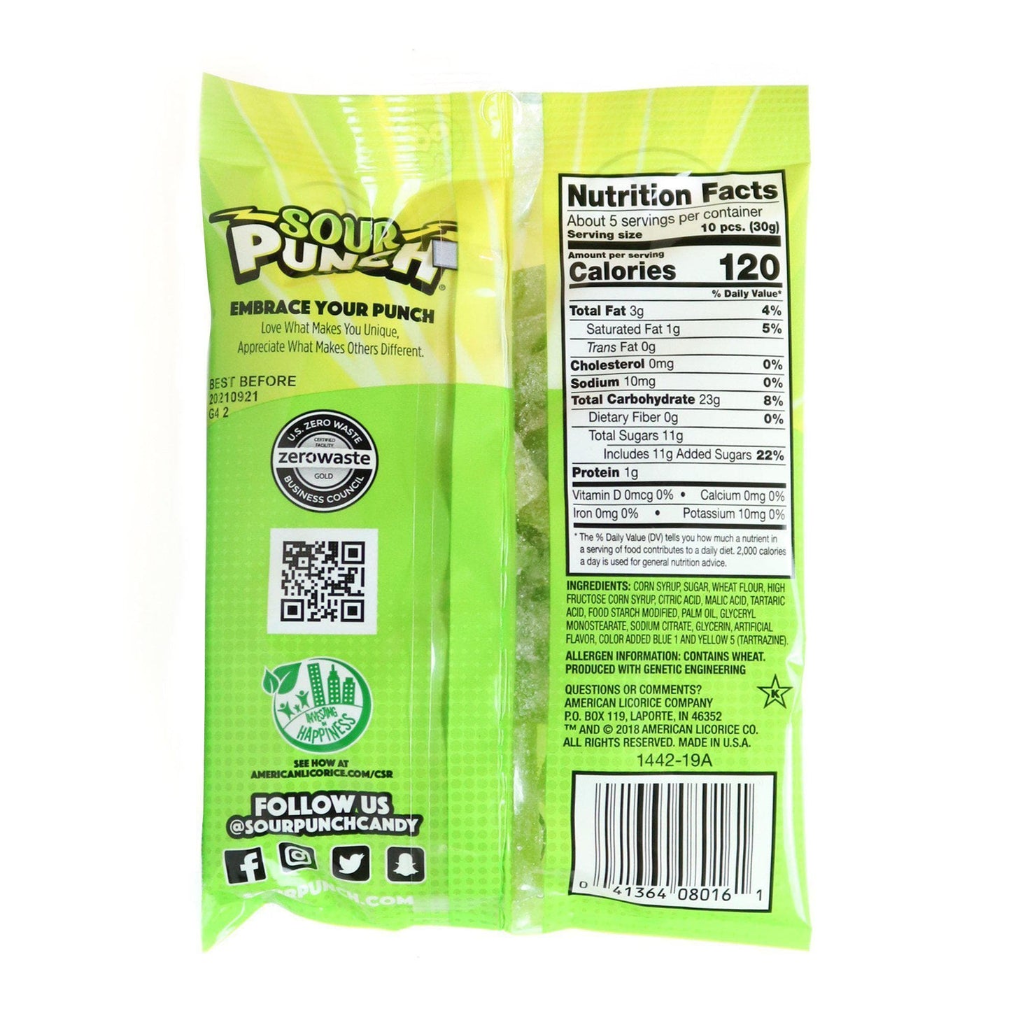 Back of Sour Punch Bites Green Apple Candy 5oz bag