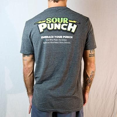 Back of SOUR PUNCH Bolt T-Shirt with Sour Punch logo and "EMBRACE YOUR PUNCH Love What Makes You Unique, Appreciate What Makes Others Different" text Back of SOUR PUNCH Bolt T-Shirt with Sour Punch logo and "EMBRACE YOUR PUNCH Love What Makes You Unique, Appreciate What Makes Others Different" text