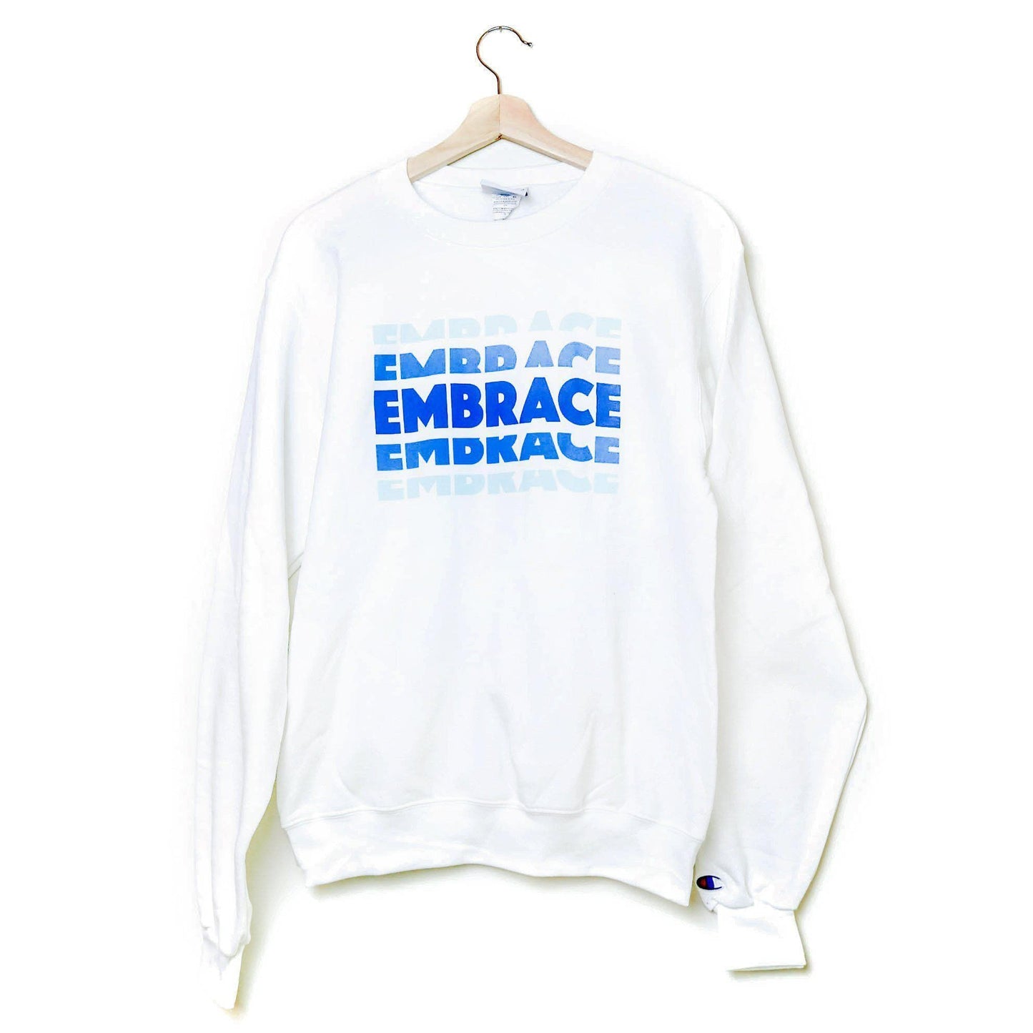 SOUR PUNCH white Crewneck Sweatshirt with blue text, "EMBRACE" SOUR PUNCH white Crewneck Sweatshirt with blue text, "EMBRACE"