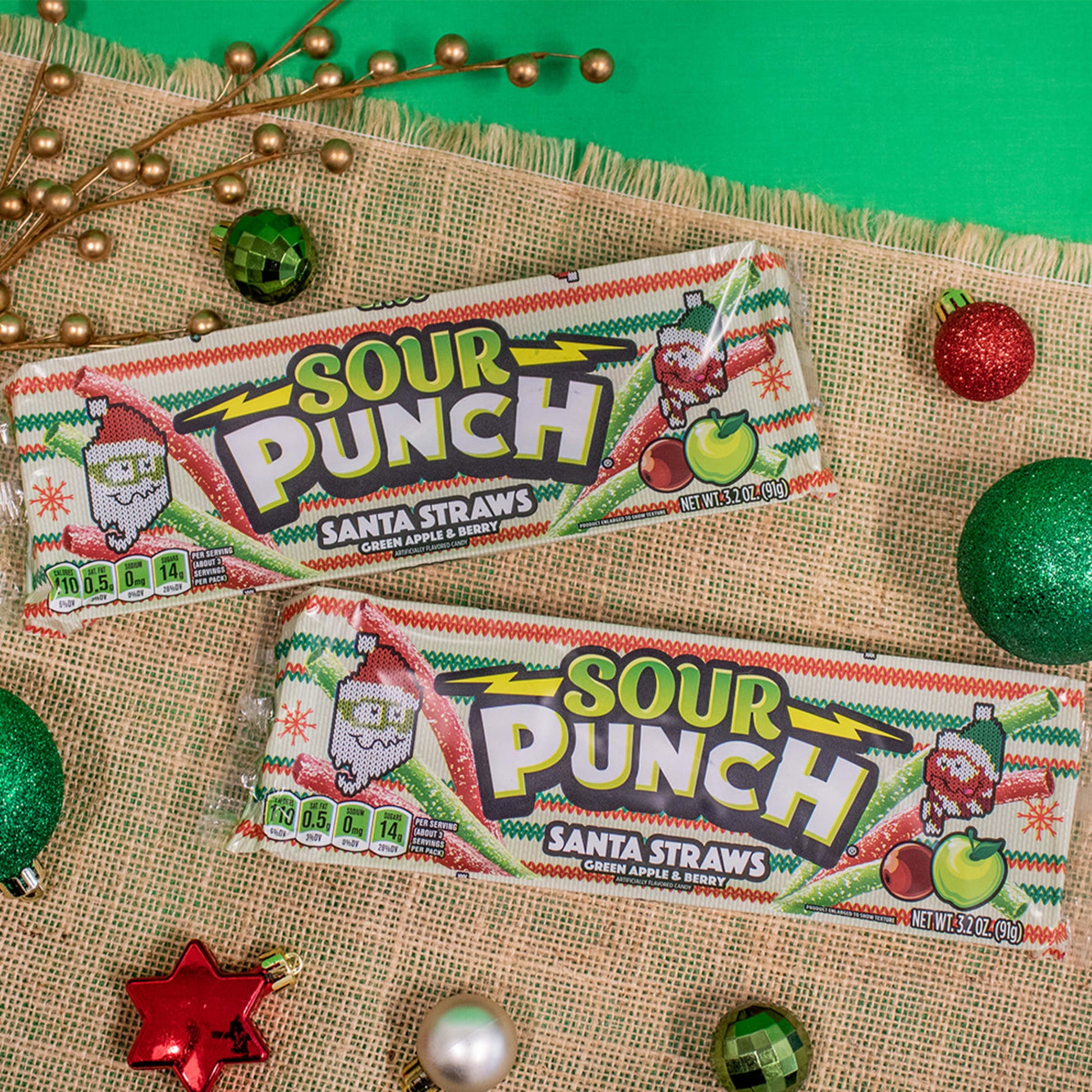 Sour Punch Santa Straws Candy Trays with holiday ornaments