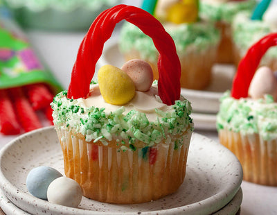 Cupcakes made to look like an Easter Basket made with Red Vines Easter Candy