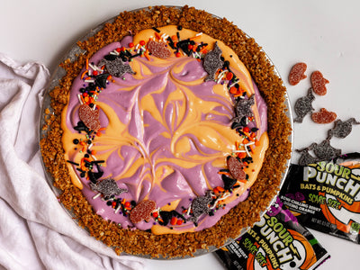 No Bake Sour Punch Pie with Sour Punch Bats & Pumpkins Halloween Candy