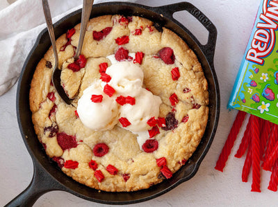 Red Vines Giant Skillet Cookie with ice cream and raspberries