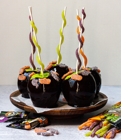 Sour Punch Halloween Candy Apples with Spooky Straws and Bats & Pumpkins
