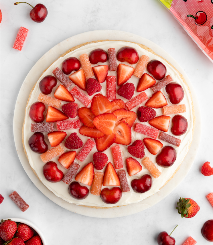 Sugar Cookie Pizza Recipe with Sour Punch Bites Rad Reds Candy and Fresh Fruit