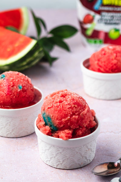 Small dishes of Sour Punch  No-Churn Watermelon Sorbet