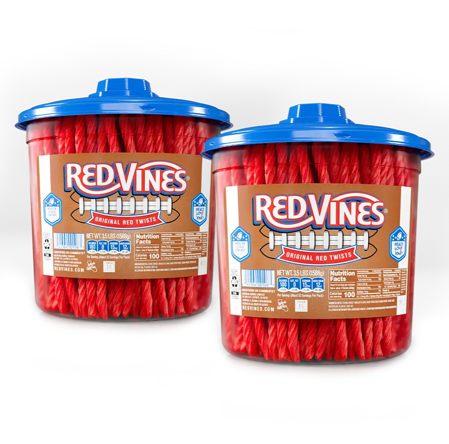 2-Pack of Red Vines Original Red Licorice Candy Twists 3.5lb Jars in limited-edition football-themed graphics