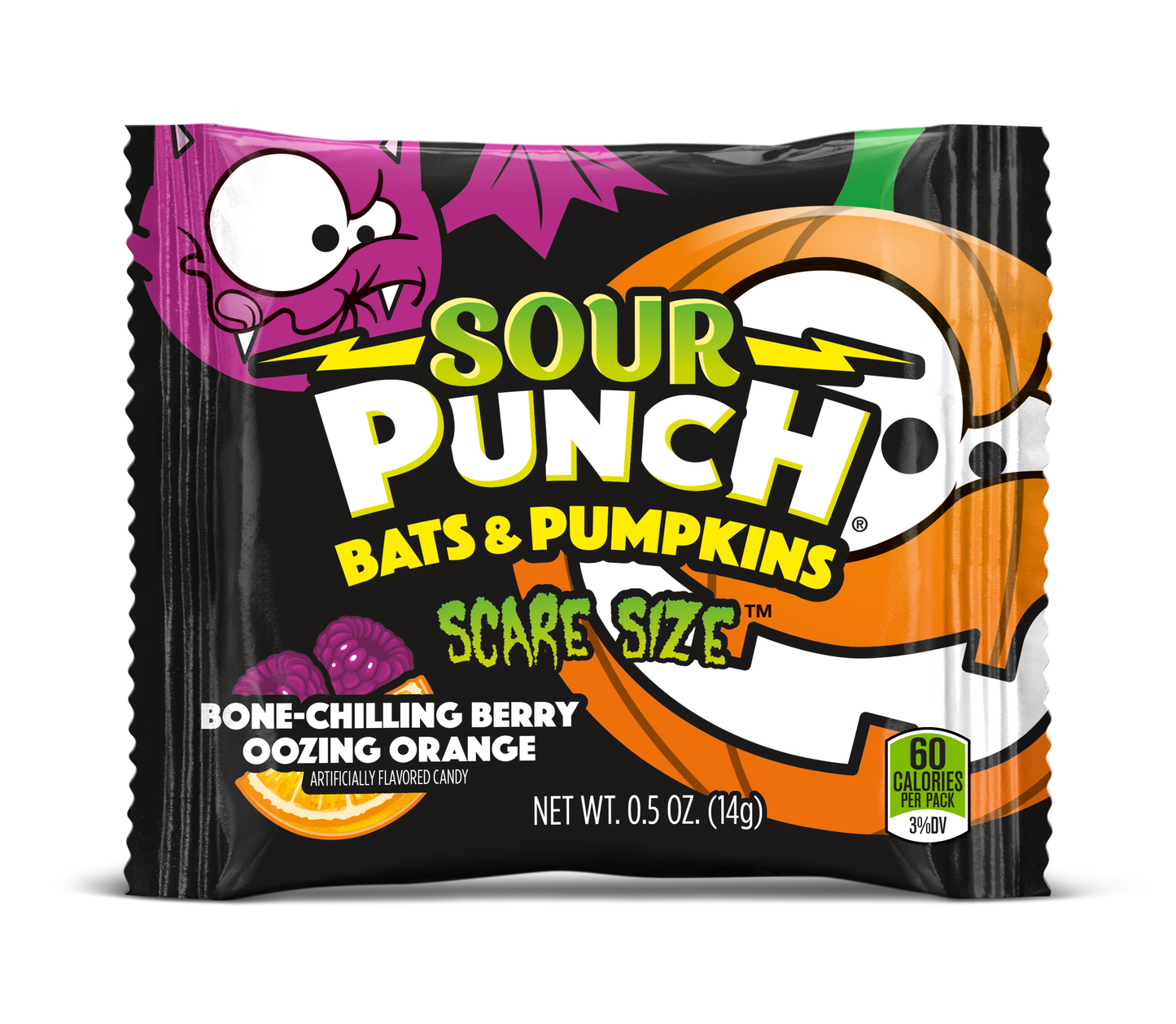 SOUR PUNCH Bats & Pumpkins Halloween Candy - Front of .5oz Scare Size Halloween Pouch