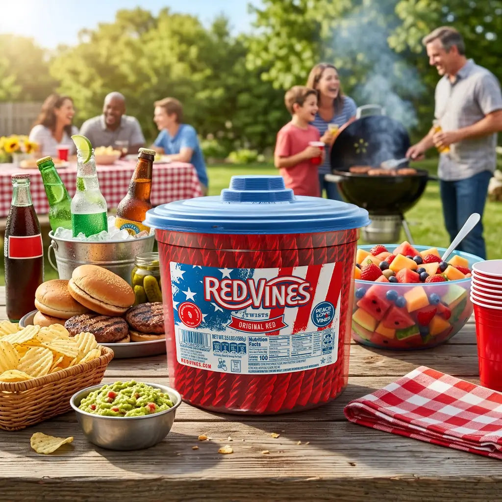Red Vines 3.5lb Americana summer jar of Original Red Twists at a BBQ with other summer snacks and beverages