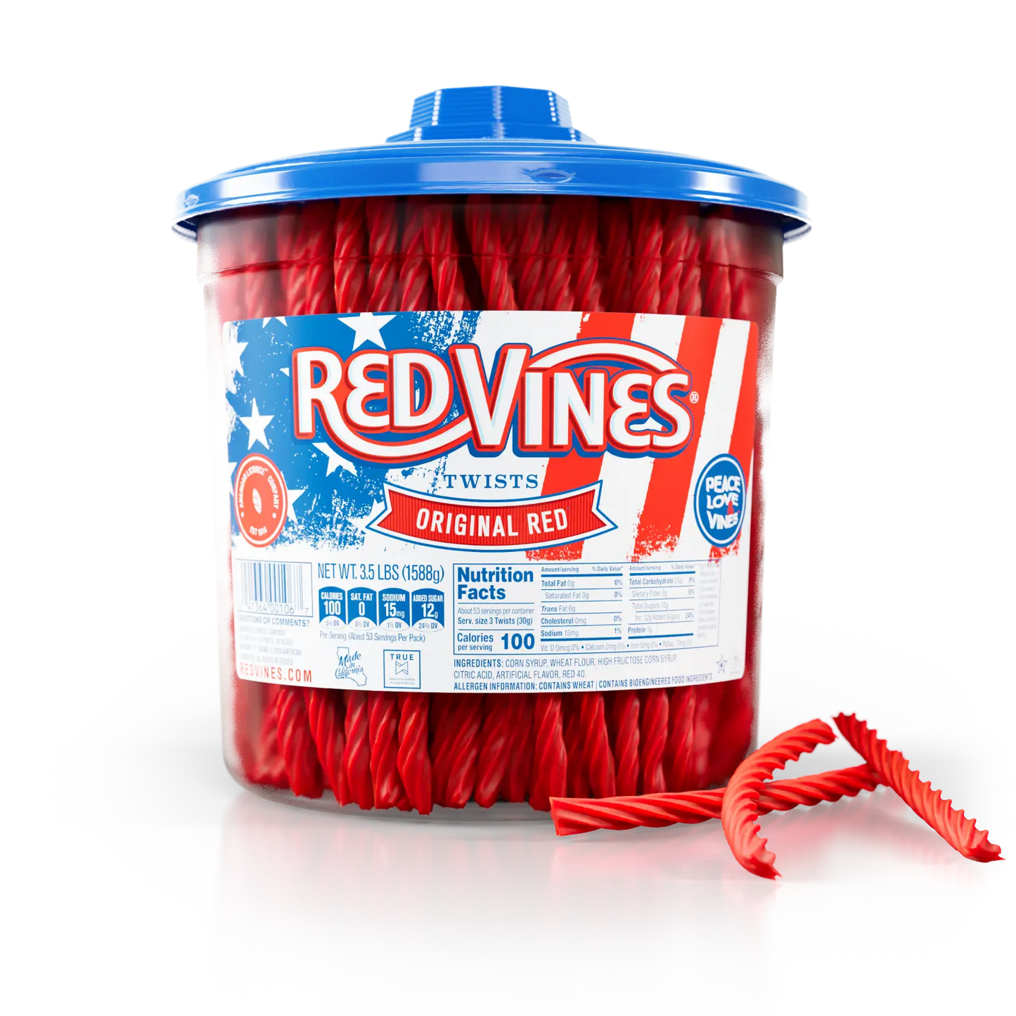 Front of Red Vines 3.5lb Americana summer jar of Original Red Twists with raw red licorice twists in front
