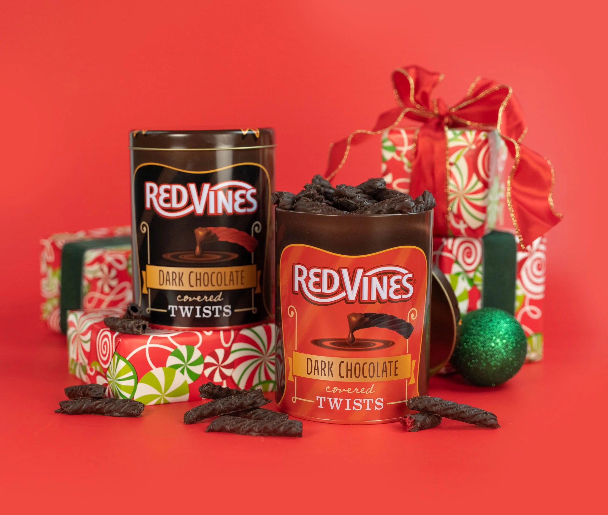 Chocolate Covered Red Vines surrounded by holiday gifts and decor