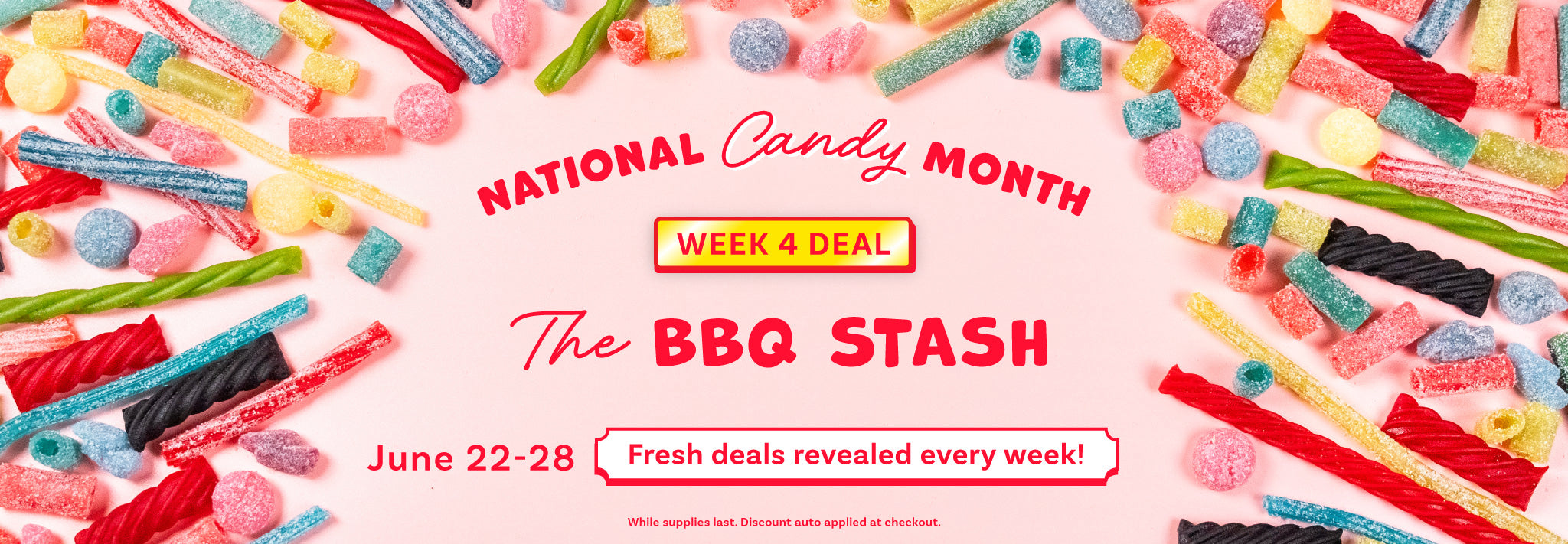 Promotional banner for National Candy Month with colorful Sour Punch candy and Red Vines candy and text about a week four deal.