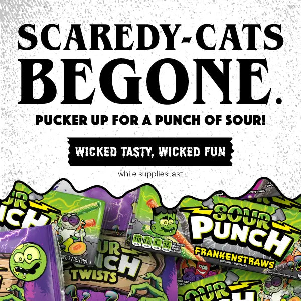Scaredy-Cats Begone: Pucker up for a punch of Sour Punch Halloween Candy! Wicked tasty, wicked fun (while supplies last) >>
