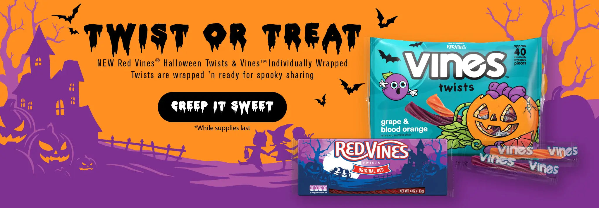 NEW Red Vines®️ Halloween Twists & Vines™️ Individually Wrapped Twists are wrapped 'n ready for spooky sharing. CREEP IT SWEET (WHILE SUPPLIES LAST) >>