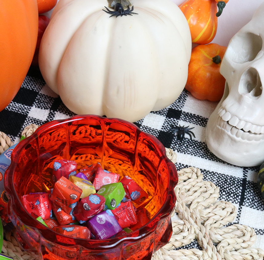 TORIE & HOWARD Chewie Fruities Organic Halloween Candy with pumpkins and plastic Halloween spiders