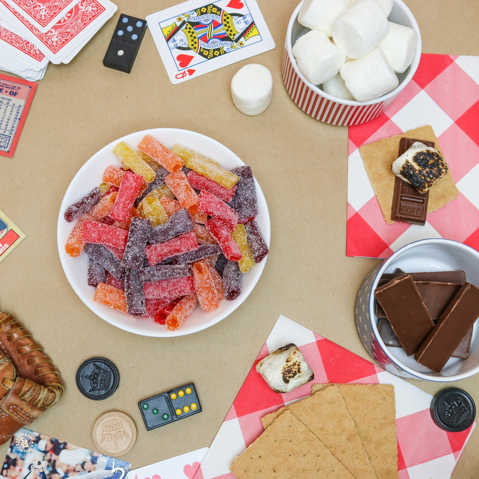 SOUR PUNCH Fan Favorite Bites with game night and s'mores materials