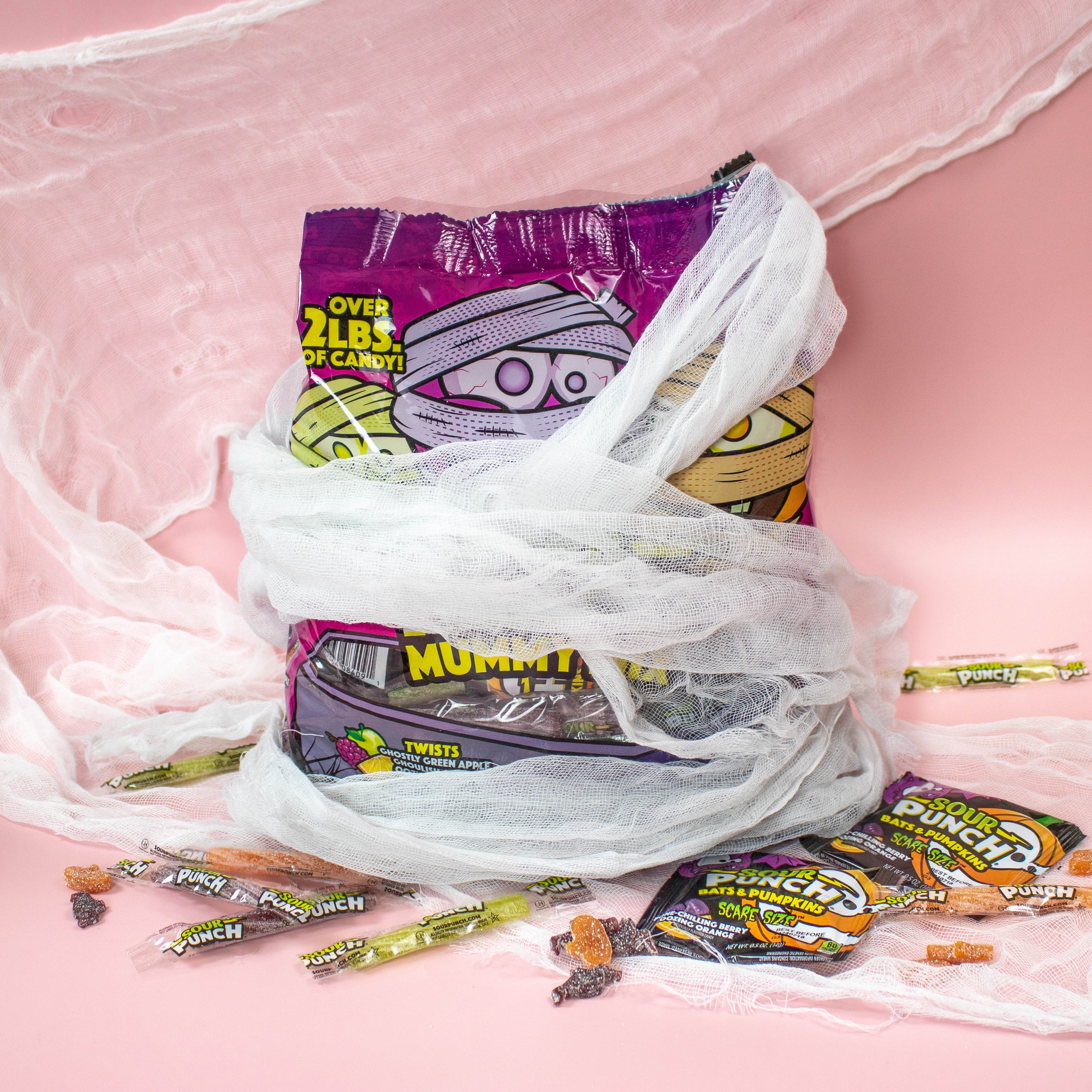 35oz Bag of SOUR PUNCH Mummy Mix Halloween Candy wrapped in cloth like a mummy