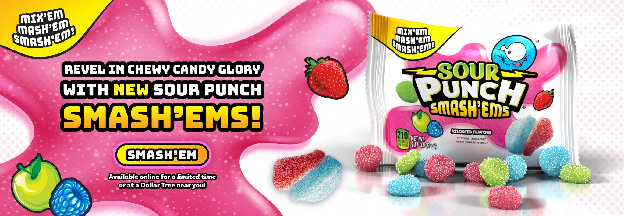 Revel in chewy candy glory with NEW Sour Punch Smash'ems! Available online for a limited time or at a Dollar Tree near you! Mix'em Mash'em Smash'em!