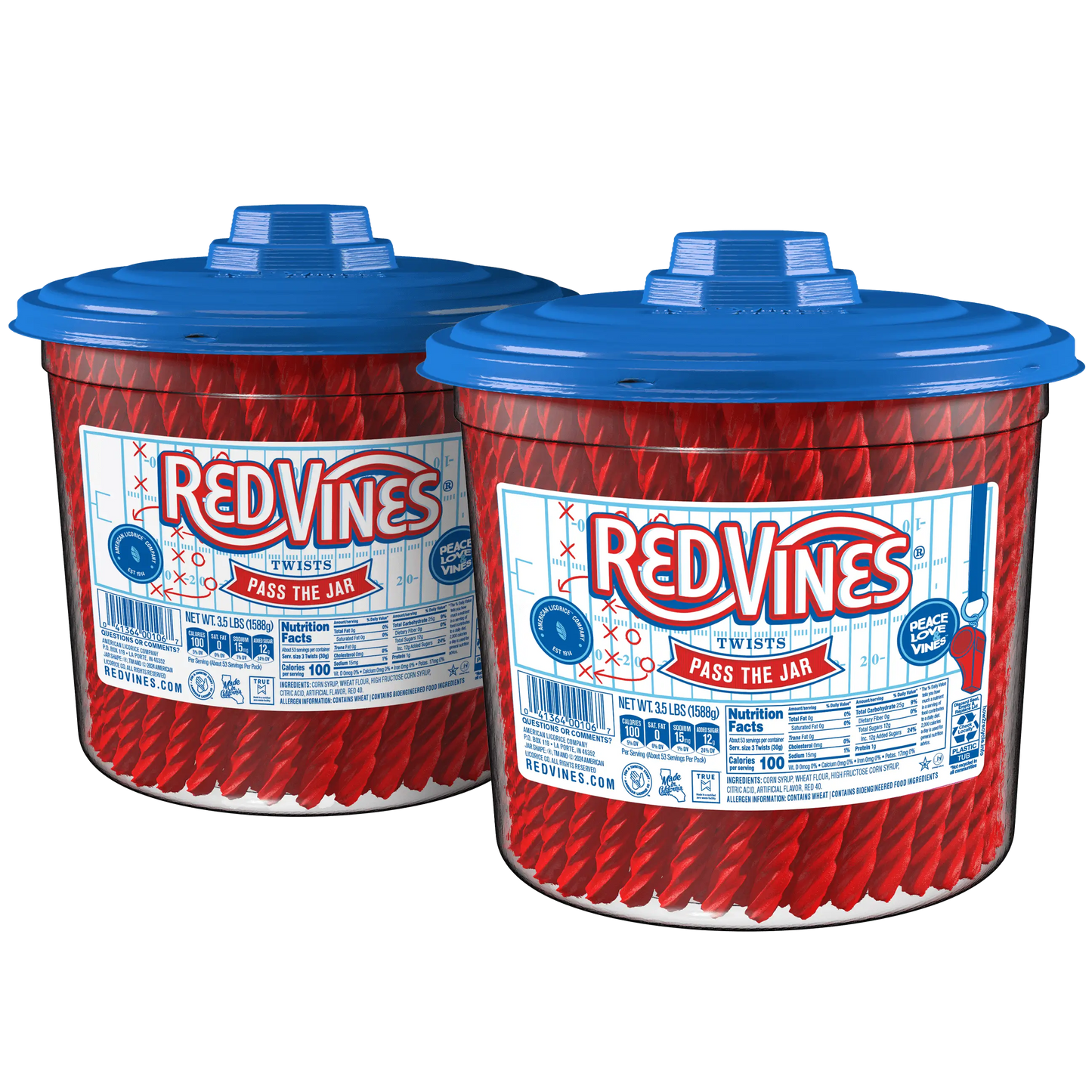 Two 3.5lb RED VINES Original Red Licorice Candy Jars with limited edition football-themed labels