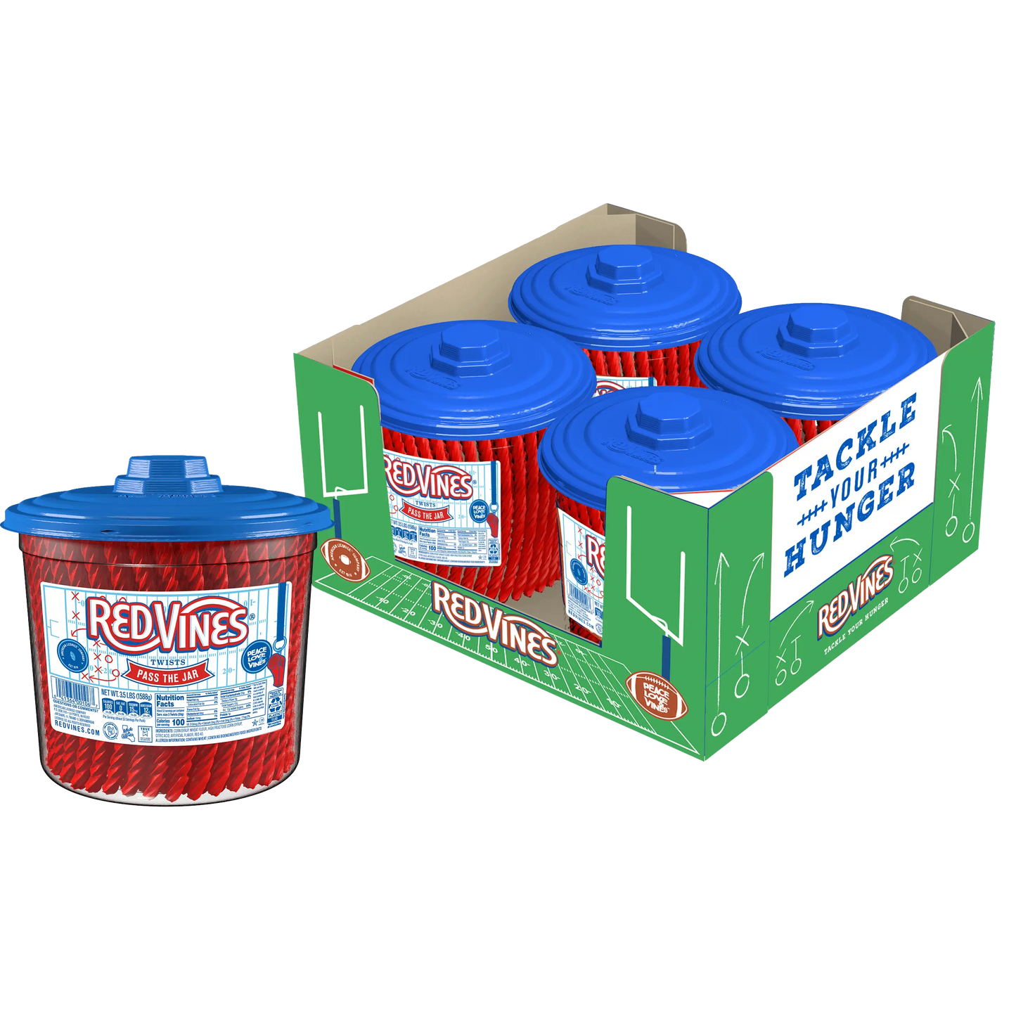 Four 3.5lb RED VINES Original Red Licorice Candy Jars with limited edition football-themed labels