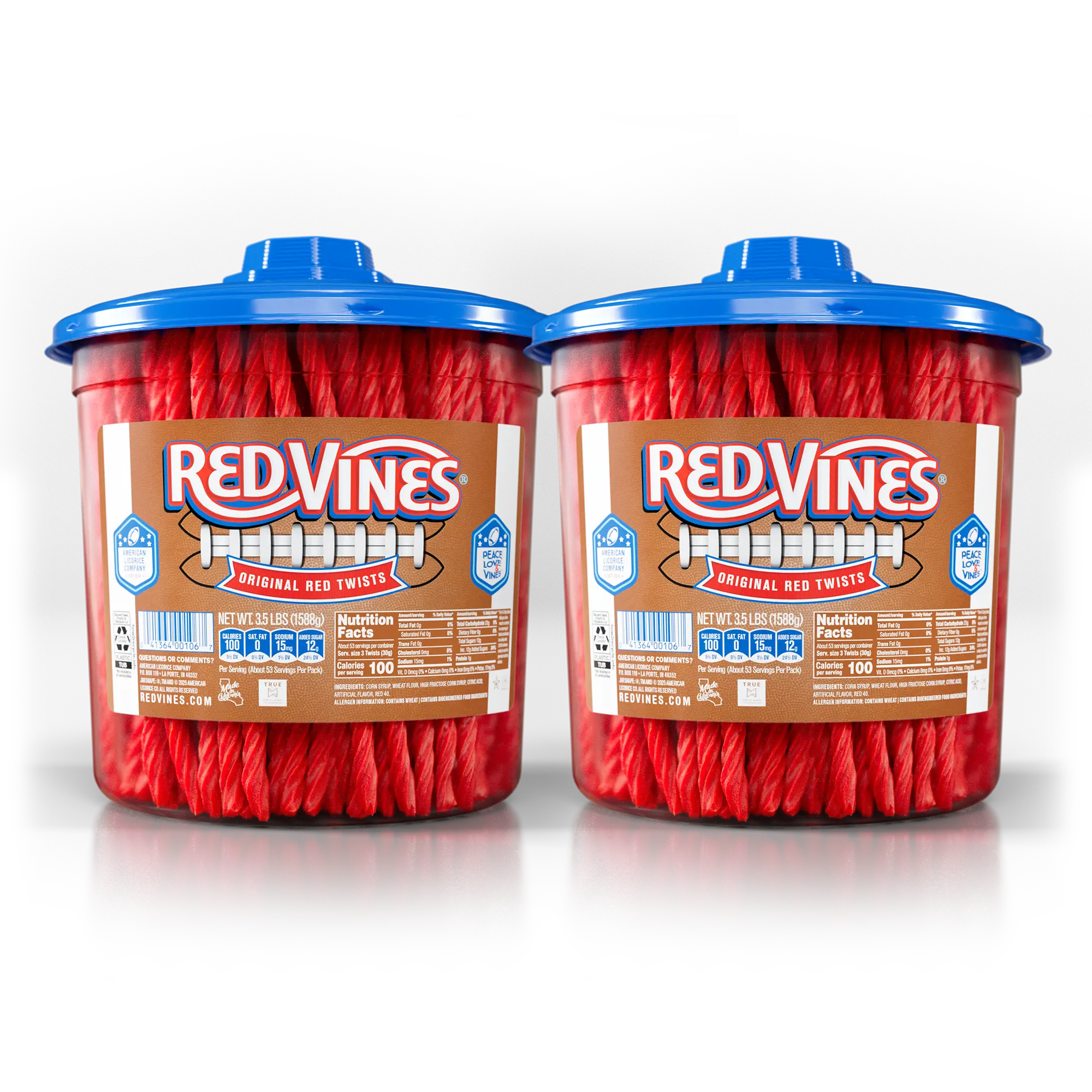 Two large 3.5lb jars of Red Vines Original Red Twists candy, side by side.