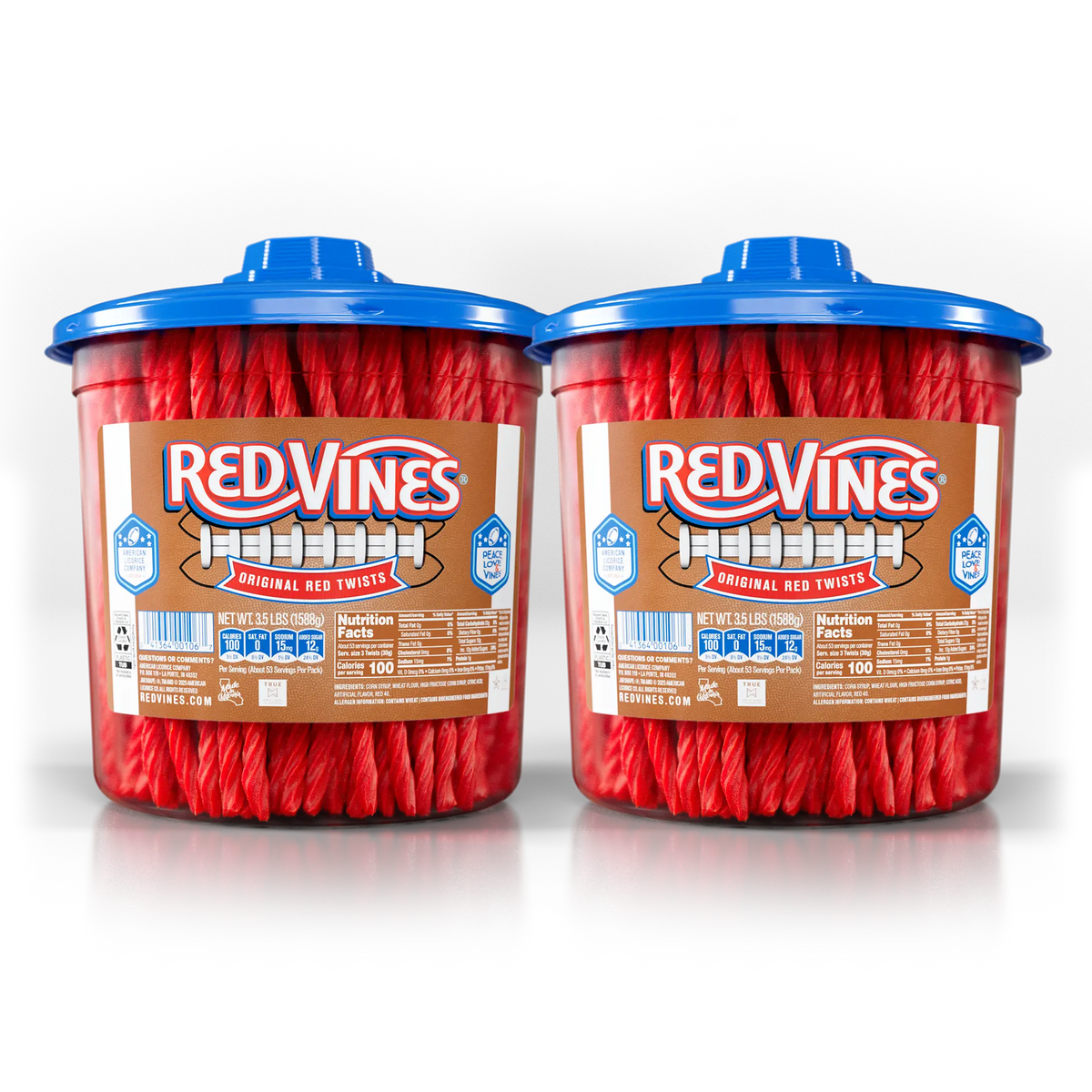 Two large 3.5lb jars of Red Vines Original Red Twists candy, side by side.