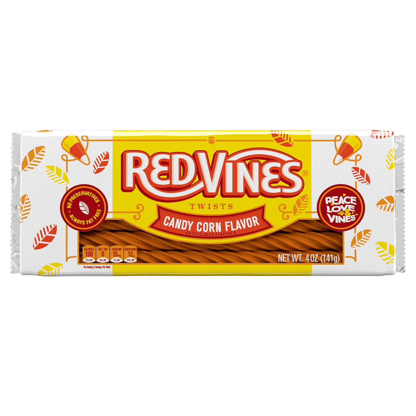 RED VINES Candy Corn Twists Halloween Candy - Front of 4oz Tray