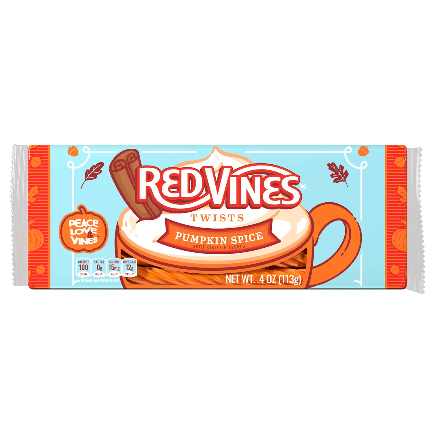 Front of Red Vines Pumpkin Spice Twists Halloween Candy 4oz Tray