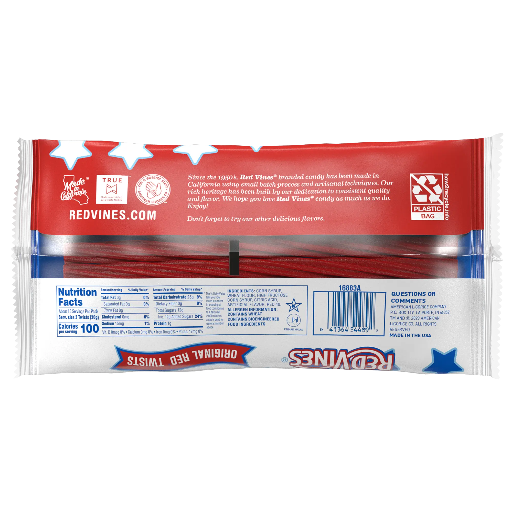 Back of Red Vines Americana Original Red Licorice 14oz summer candy bag
