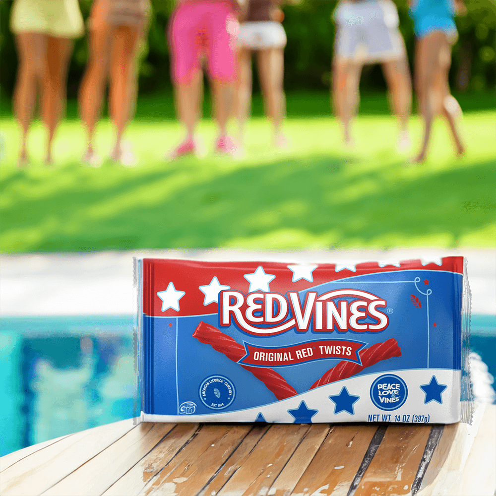 Red Vines Americana summer candy bag on a table at a pool party