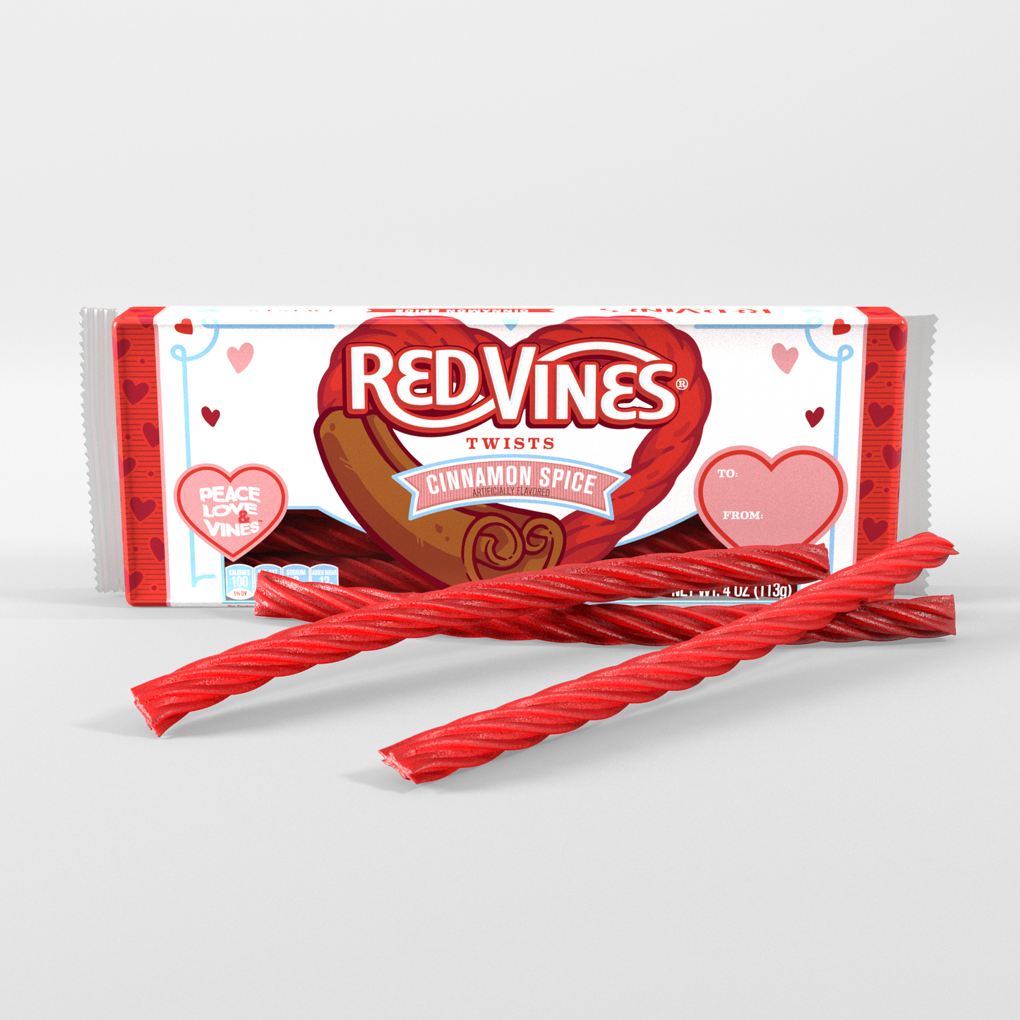 Front of RED VINES Cinnamon Spice Licorice Twists 4oz Tray, with twists in front of tray